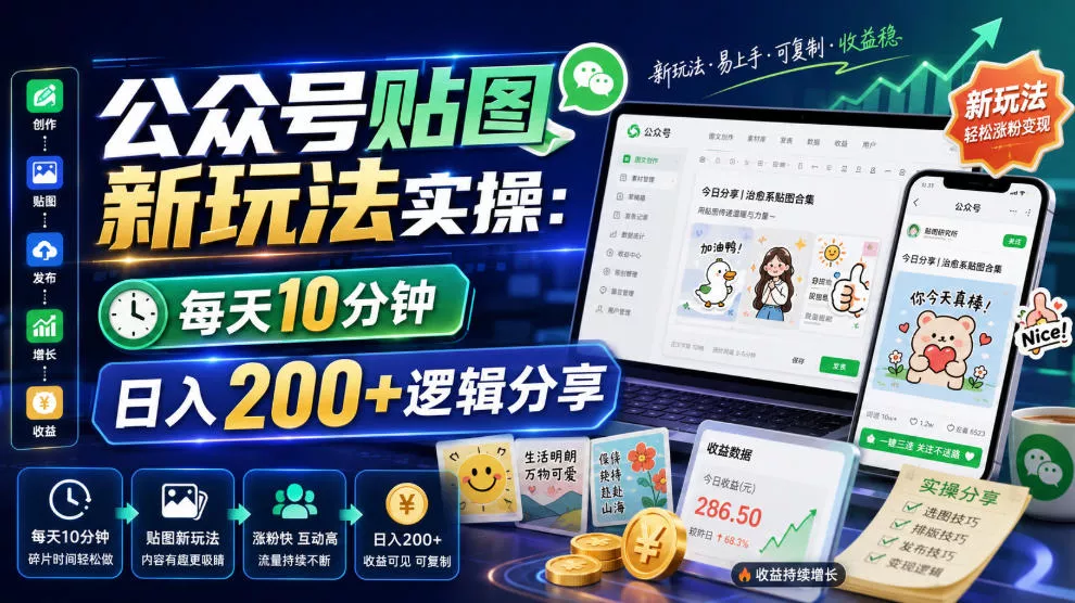 公众号贴图新玩法实操，每天10分钟，日入200+逻辑分享-奇点库