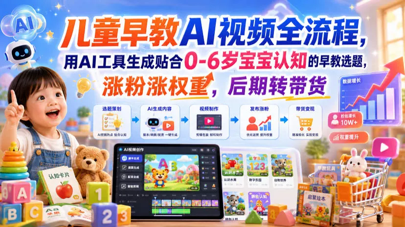 儿童早教AI视频全流程，用AI工具生成贴合0-6岁宝宝认知的早教选题，涨粉涨权重，后期转带货-奇点库