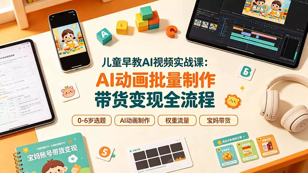儿童早教AI视频实战课：0-6岁认知选题｜AI动画批量制作｜权重流量拉升｜宝妈账号带货变现全流程-奇点库