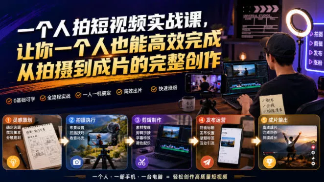 一个人拍短视频实战课,让你一个人也能高效完成从拍摄到成片的完整创作