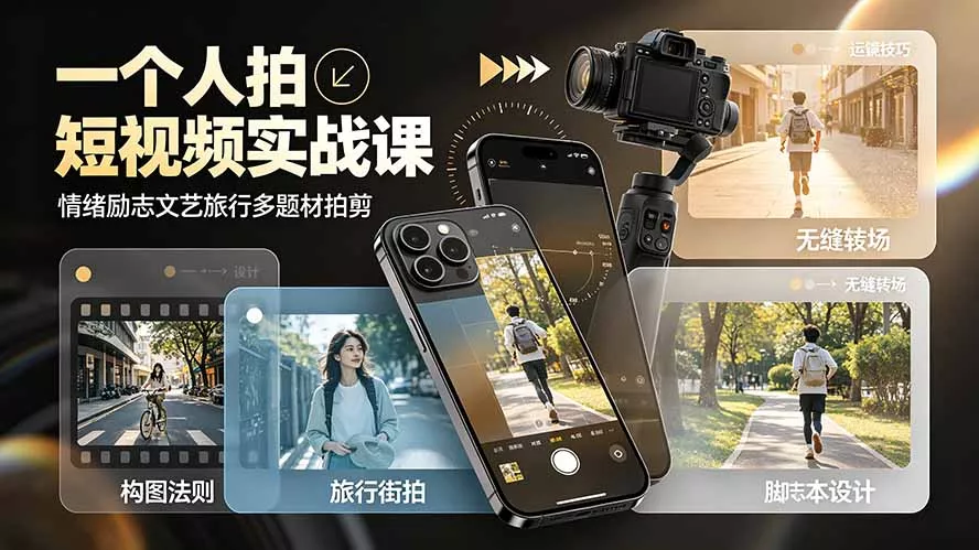 一个人拍短视频实战课：情绪励志文艺旅行多题材×五大景别×黄金构图×八大运镜，从拍摄到成片高效创作-奇点库