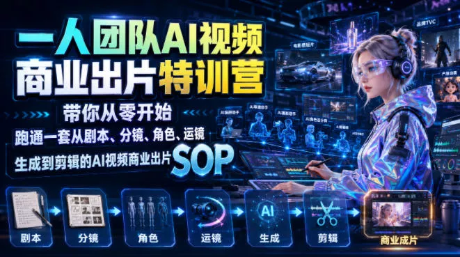 一人团队AI视频商业出片实战课：带你从零开始跑通一套从剧本、分镜、角色、运镜、生成到剪辑的AI视频商业出片SOP-奇点库