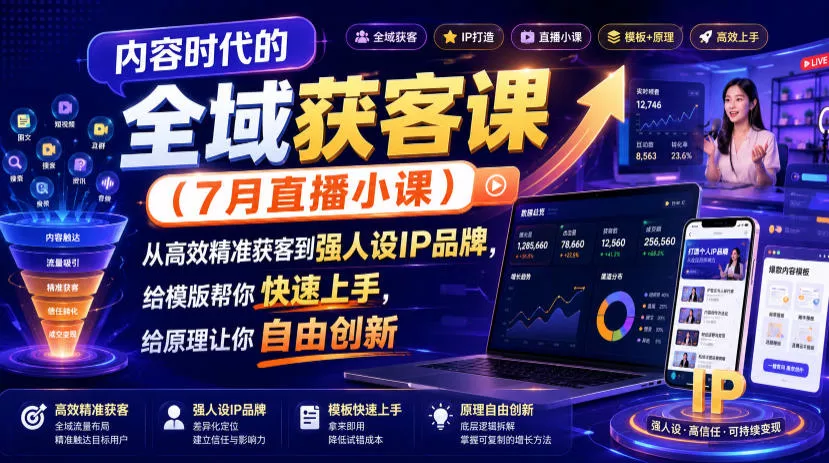 内容时代的全域获客课(7月直播小课)，从高效精准获客到强人设IP品牌，给模版帮你快速上手，给原理让你自由创新-奇点库