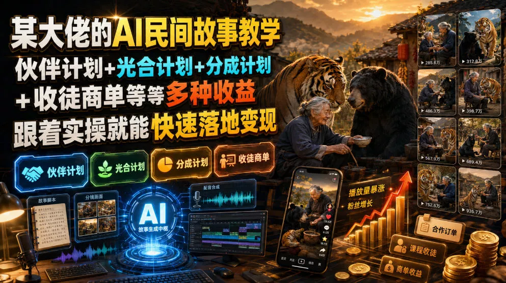 某大佬的AI民间故事教学，伙伴计划+光合计划+分成计划+收徒商单等多种收益，跟着实操就能快速落地变现-奇点库
