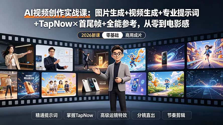 AI视频创作实战课：图片生成+视频生成+专业提示词+TapNow×首尾帧+全能参考，从零到电影感成片-奇点库