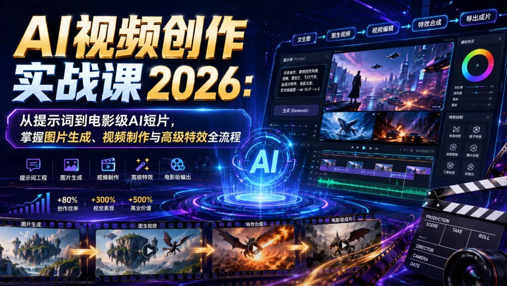 AI视频创作实战课2026：从提示词到电影级AI短片，掌握图片生成、视频制作与高级特效全流程-奇点库