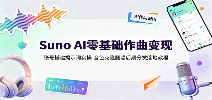 Suno AI零基础作曲变现：账号搭建提示词实操，音色克隆翻唱后期分发落地教程-奇点库