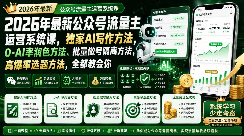 2026年最新公众号流量主运营系统课，独家AI写作方法，0-AI率润色方法、批量做号隔离方法、高爆率选题方法，全都教会你-奇点库