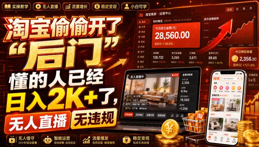 淘宝偷偷开了“后门”，懂的人已经日入2K+了，无人直播无违规，一台电脑=一家24小时营业的线上门店【揭秘】-奇点库