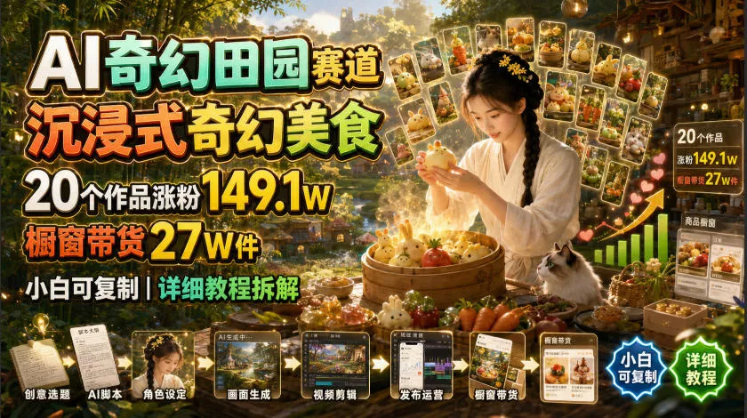 AI奇幻田园赛道,沉浸式奇幻美食,20个作品涨粉149.1W,橱窗带货27W件,小白可复制,详细教程拆解-奇点库