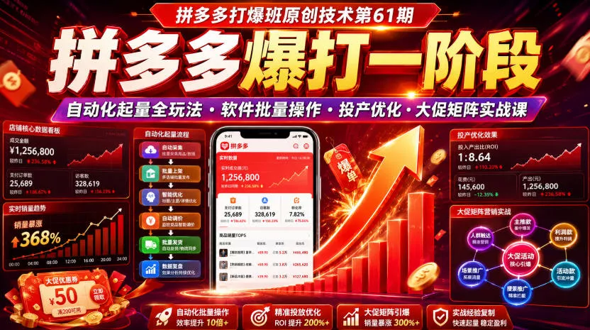 拼多多打爆班原创技术第61期,拼多多爆打一阶段,自动化起量全玩法・软件批量操作・投产优化・大促矩阵实战课-奇点库
