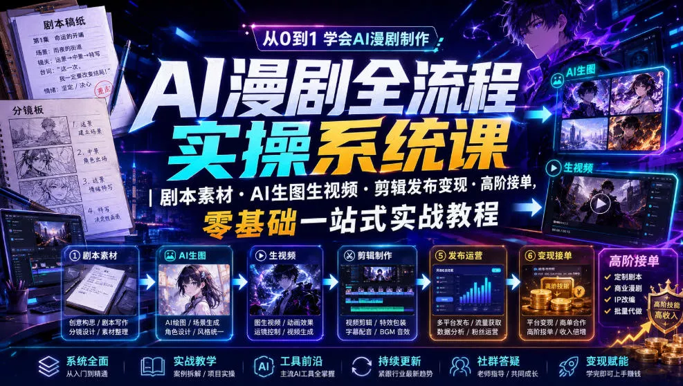 AI漫剧全流程实操系统课|剧本素材・AI生图生视频・剪辑发布变现・高阶接单,零基础一站式实战教程-奇点库