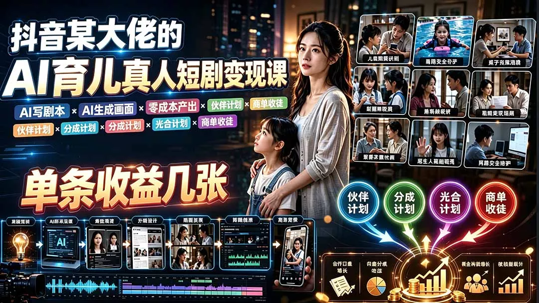AI育儿真人短剧变现课:AI写剧本×AI生成画面×零成本产出×伙伴计划×分成计划×光合计划×商单收徒-奇点库