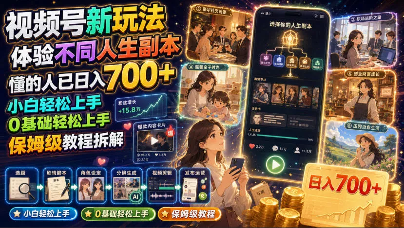 视频号新玩法体验不同人生副本,懂的人已日入700+,小白轻松上手,0基础轻松上手,保姆级教程拆解-奇点库