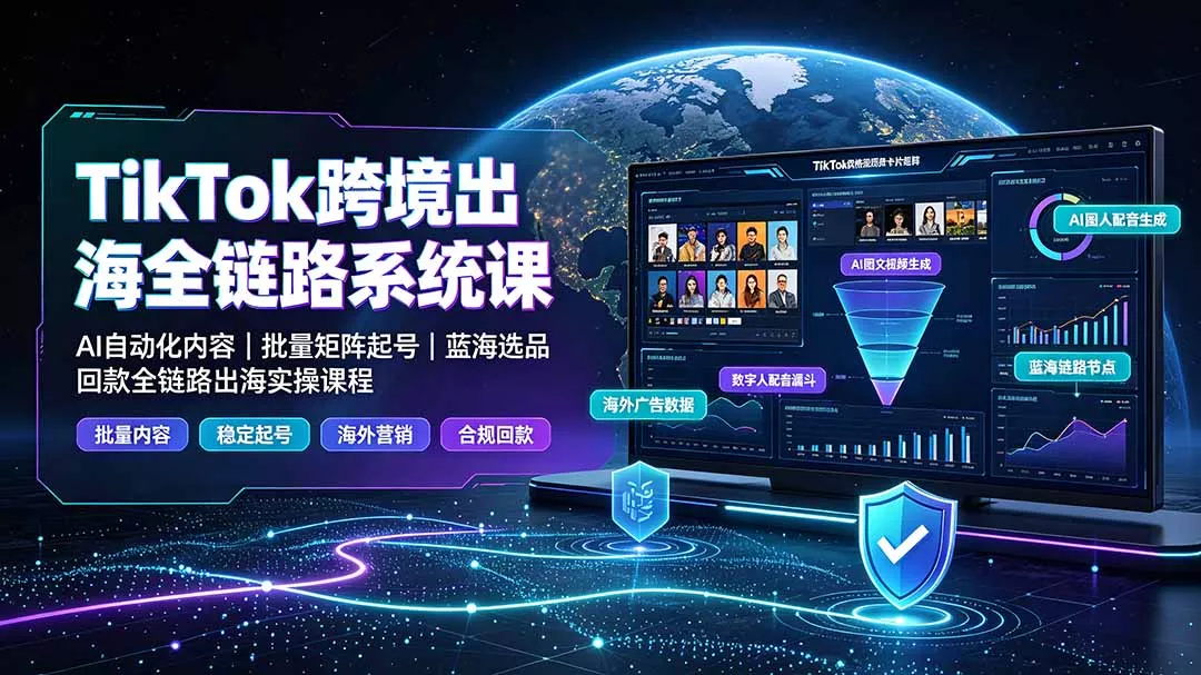TikTok跨境出海全链路系统课-2026年7月:AI自动化内容|批量矩阵起号|蓝海选品回款全链路出海实操课程-奇点库