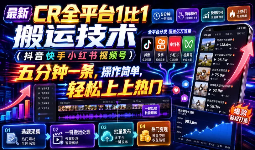 最新CR全平台1比1搬运技术(抖音快手小红书视频号)五分钟分钟一条,操作简单,轻松上热门(教程+软件+参数)-奇点库