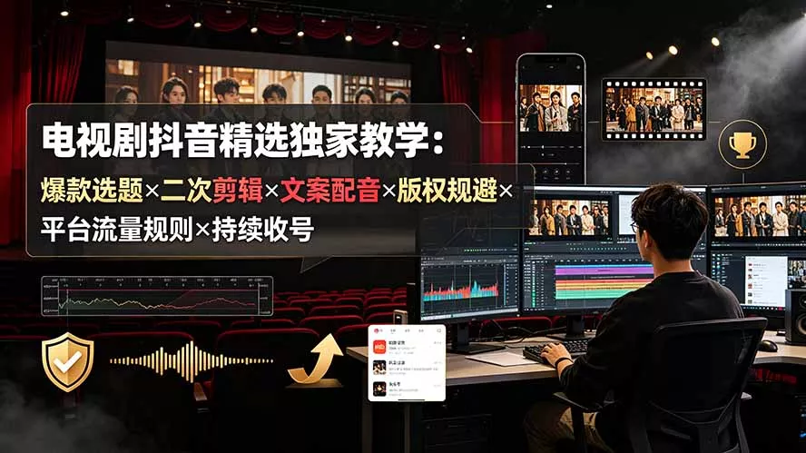 电视剧抖音精选独家教学:爆款选题×二次剪辑×文案配音×版权规避×平台流量规则×持续收益账号-奇点库