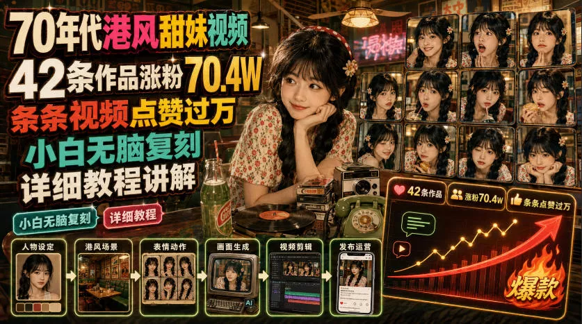 70年代港风甜妹视频,42条作品涨粉70.4W,条条视频点赞过万,小白无脑复刻,详细教程讲解-奇点库
