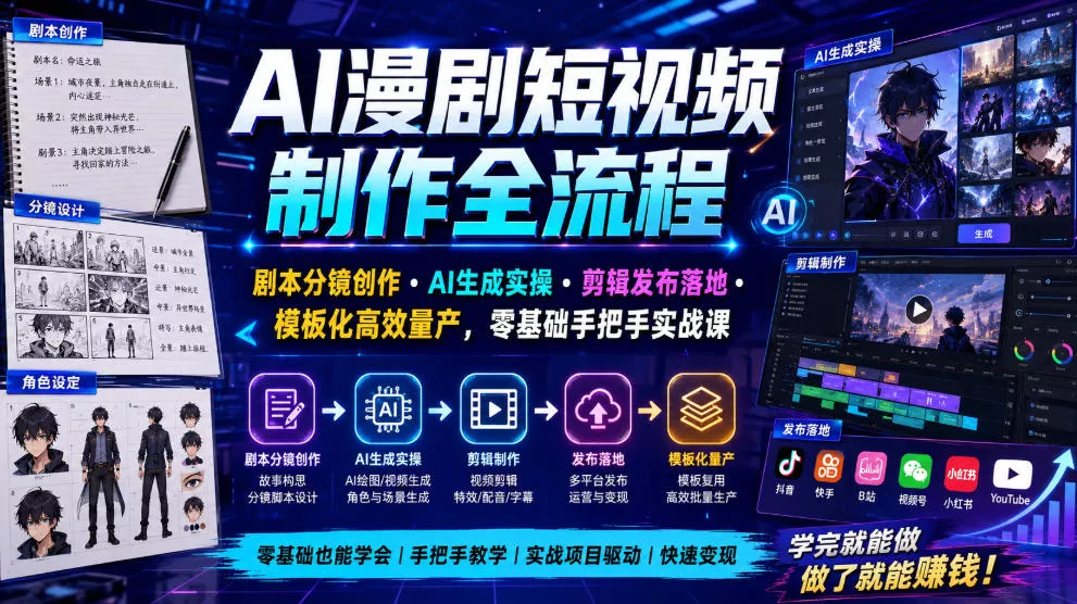 AI漫剧短视频制作全流程|剧本分镜创作・AI生成实操・剪辑发布落地・模板化高效量产,零基础手把手实战课-奇点库