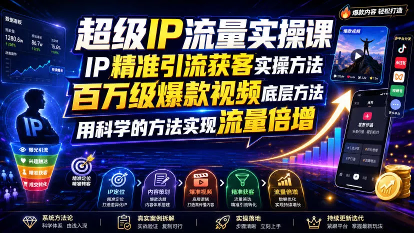 超级IP流量实操课,IP精准引流获客实操方法,百万级爆款视频底层方法,用科学的方法实现流量倍增-奇点库
