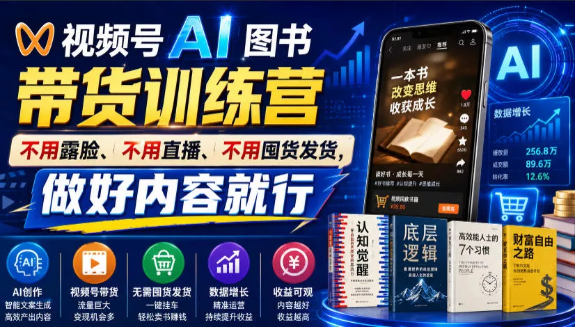 视频号AI图书带货训练营,不用露脸、不用直播、不用囤货发货,做好内容就行,一条爆款视频佣金8942-奇点库