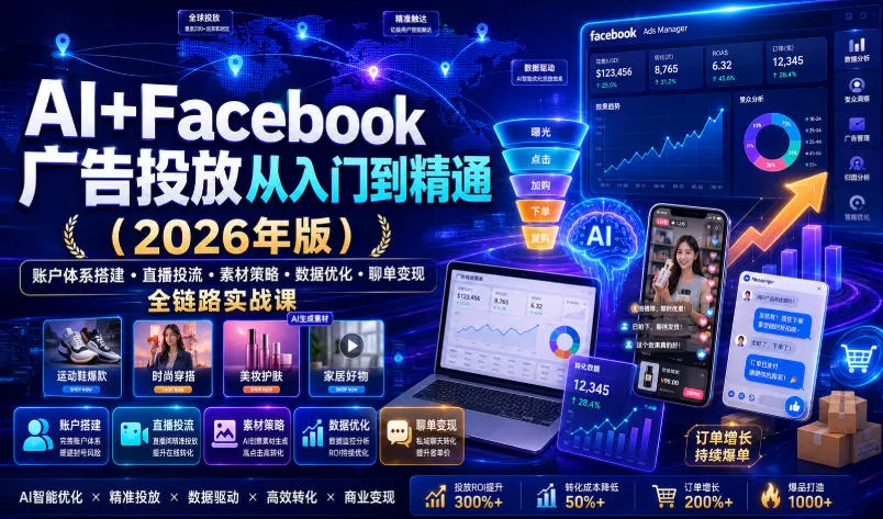 AI+Facebook广告投放从入门到精通(2026年版)|账户体系搭建・直播投流・素材策略・数据优化・聊单变现全链路实战课-奇点库