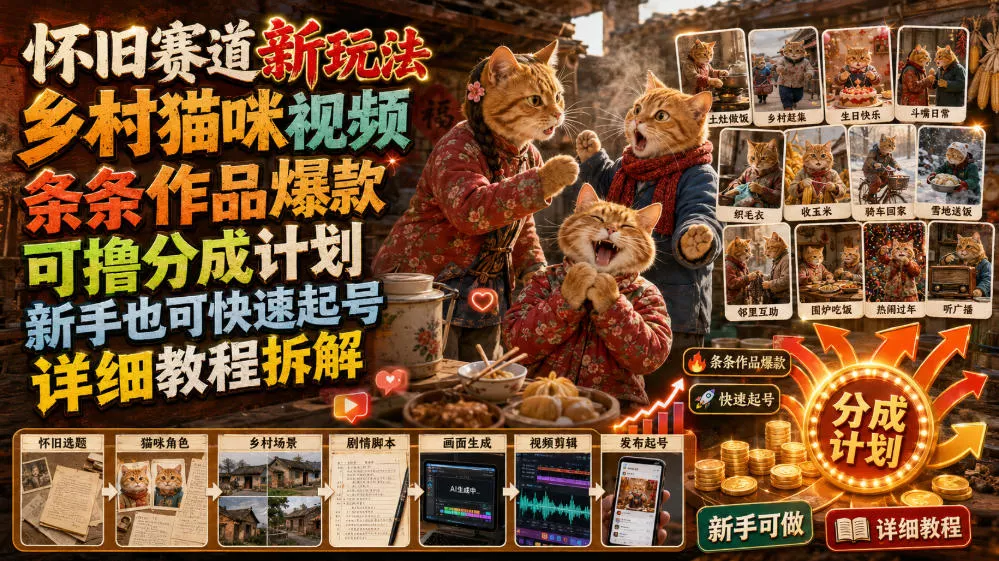 怀旧赛道新玩法,乡村猫咪视频,条条作品爆款,可撸分成计划,新手也可快速起号,详细教程拆解-奇点库