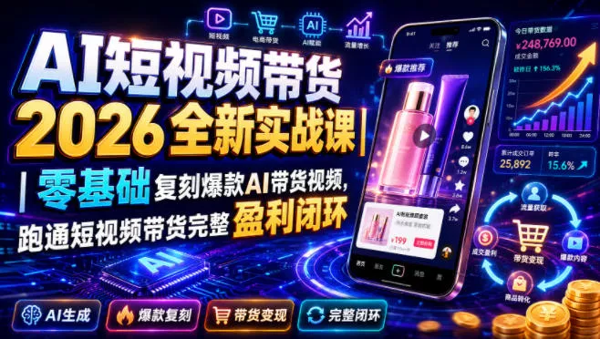 AI短视频带货2026全新实战课|零基础复刻爆款AI带货视频,跑通短视频带货完整盈利闭环-奇点库