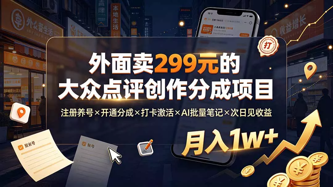 外面卖299元的大众点评创作分成项目：注册养号×开通分成×打卡激活×AI批量笔记×次日见收益，月入1w+-奇点库