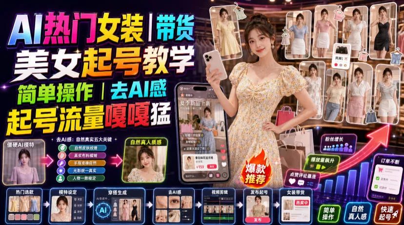AI热门女装带货丨美女起号教学,简单操作,去AI感,起号流量嘎嘎猛-奇点库