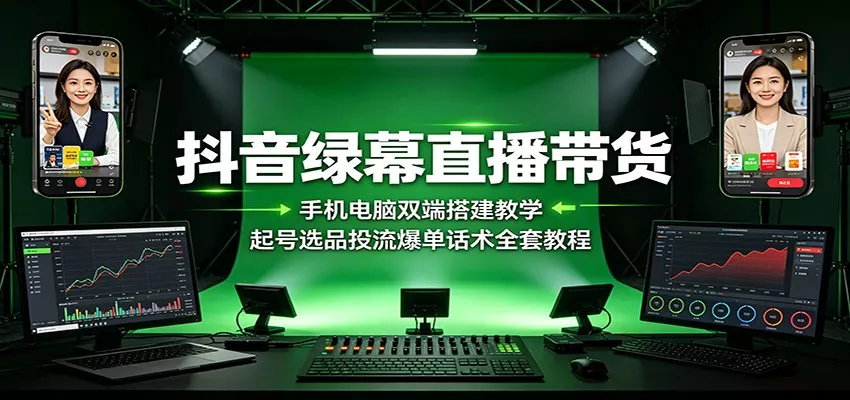 抖音绿幕直播带货:手机电脑双端搭建教学,起号选品投流爆单话术全套教程-奇点库