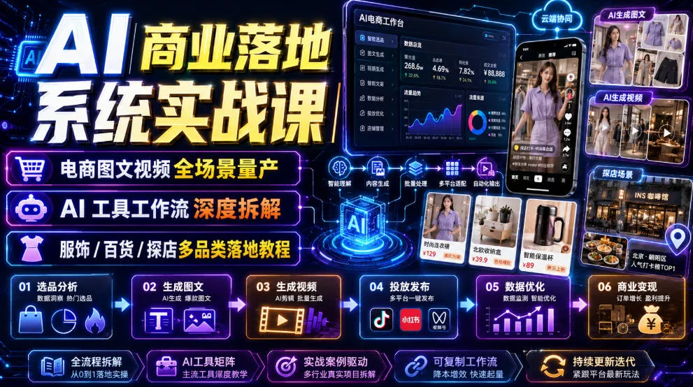 AI商业落地系统实战课｜电商图文视频全场景量产・AI工具工作流深度拆解・服饰/百货/探店多品类落地教程-奇点库