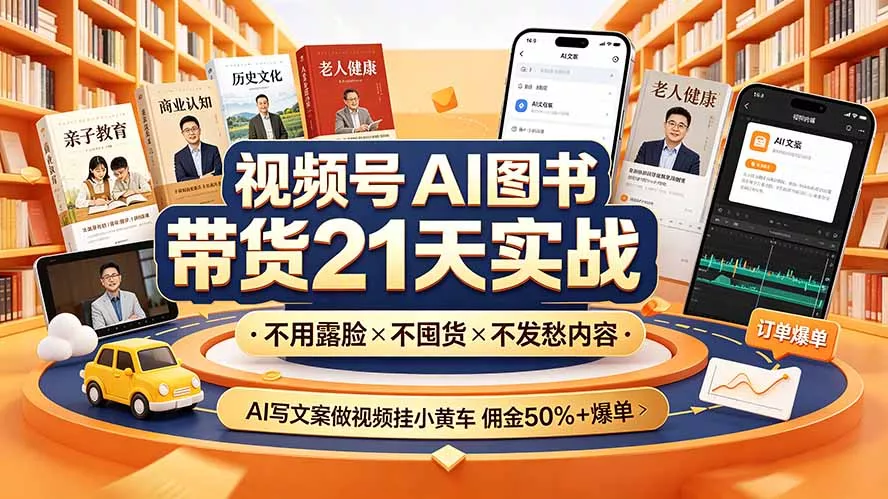 视频号AI图书带货21天实战：不用露脸×不囤货×不发愁内容，AI写文案做视频挂小黄车，佣金50%+爆单-奇点库