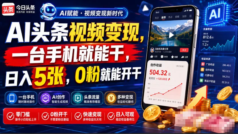 AI头条视频变现，一台手机就能干，日入5张，0粉就能开干-奇点库