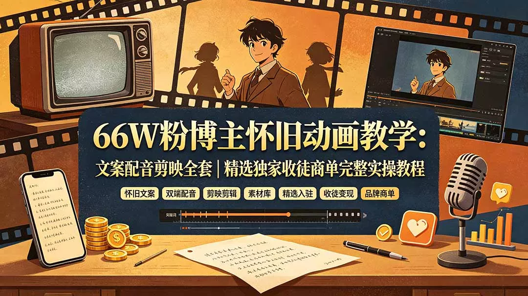 66W粉博主怀旧动画教学:文案配音剪映全套|精选独家收徒商单完整实操教程-奇点库