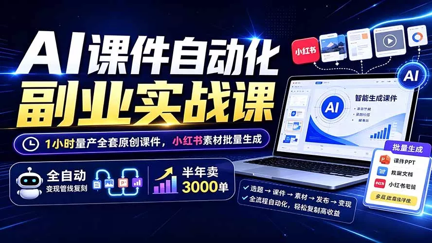 AI课件自动化副业实战课:1小时量产全套原创课件×小红书素材批量生成×全自动变现管线×半年卖3000单-奇点库