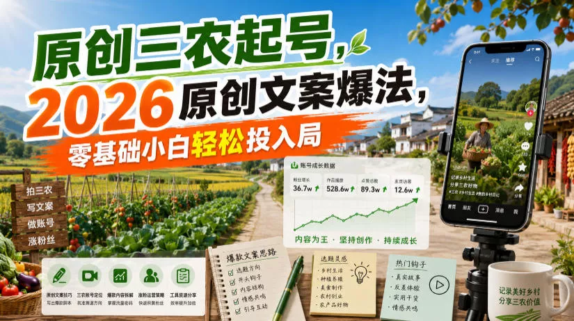 原创三农起号，2026原创文案爆法，零基础小白轻松投入局-奇点库