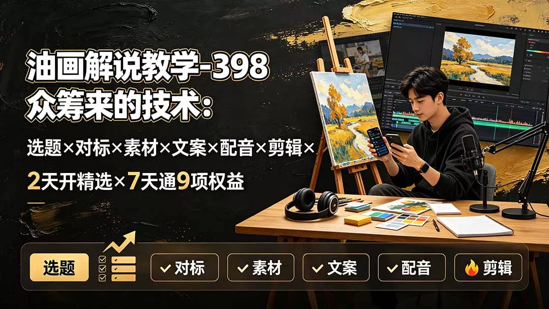 油画解说教学-398众筹来的技术：选题×对标×素材×文案×配音×剪辑×2天开精选×7天通9项权益-奇点库