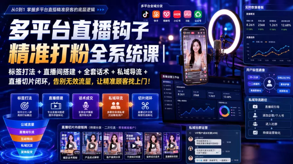 多平台直播钩子精准打粉全系统课｜标签打法+直播间搭建+全套话术+私域导流+直播切片闭环，告别无效流量，让精准顾客找上门！-奇点库