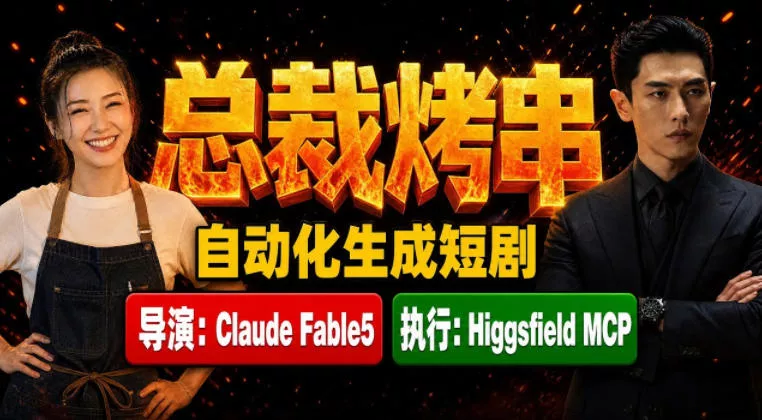 Claude Fable5担任导演+Higgsfield MCP落地执行|《总裁烤串》真人质感短剧全自动AI生成全流程教学-奇点库