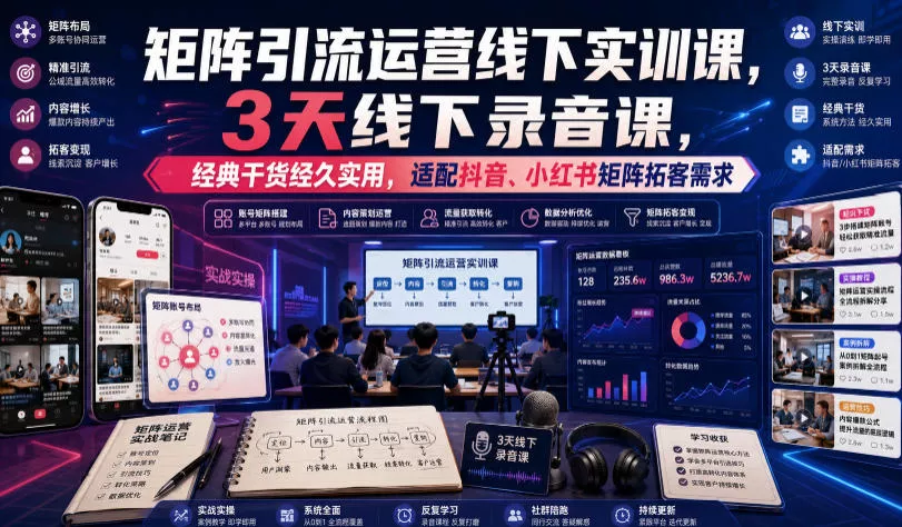 嗨推矩阵引流运营线下实训课，3天线下录音课，经典干货经久实用，适配抖音、小红书矩阵拓客需求-奇点库