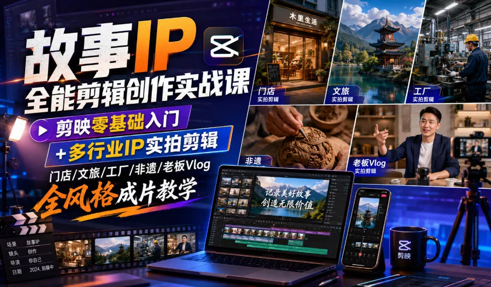 故事IP全能剪辑创作实战课|剪映零基础入门+多行业IP实拍剪辑,门店/文旅/工厂/非遗/老板Vlog全风格成片教学-奇点库
