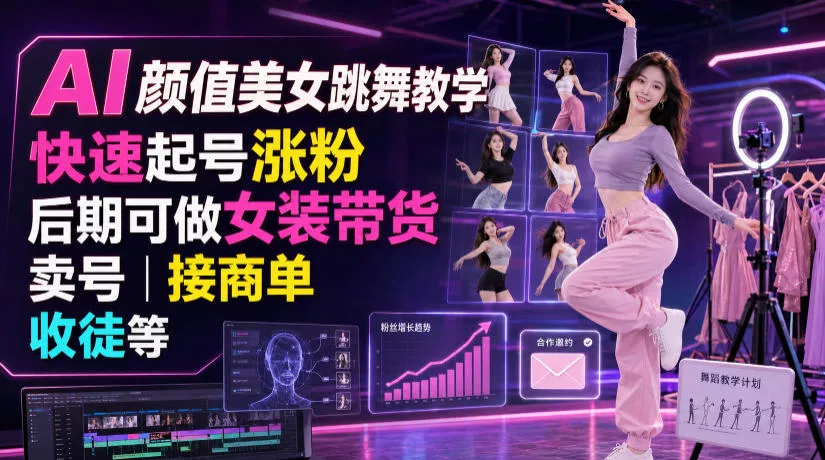 AI颜值美女跳舞教学，快速起号涨粉，后期可做女装带货，卖号，接商单，收徒等-奇点库