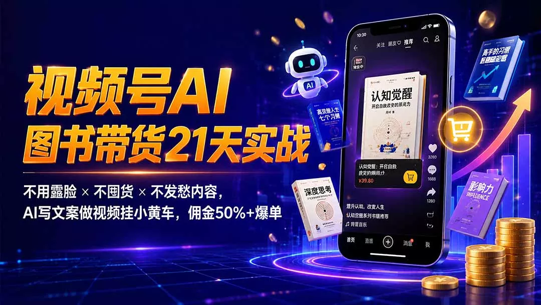 繁花视频号AI图书带货21天实战：不用露脸×不囤货×不发愁内容，AI写文案做视频挂小黄车，佣金50%+爆单-奇点库
