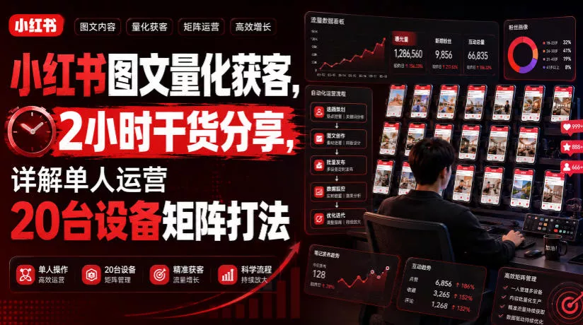 小红书图文量化获客，2小时干货分享，详解单人运营20台设备矩阵打法-奇点库