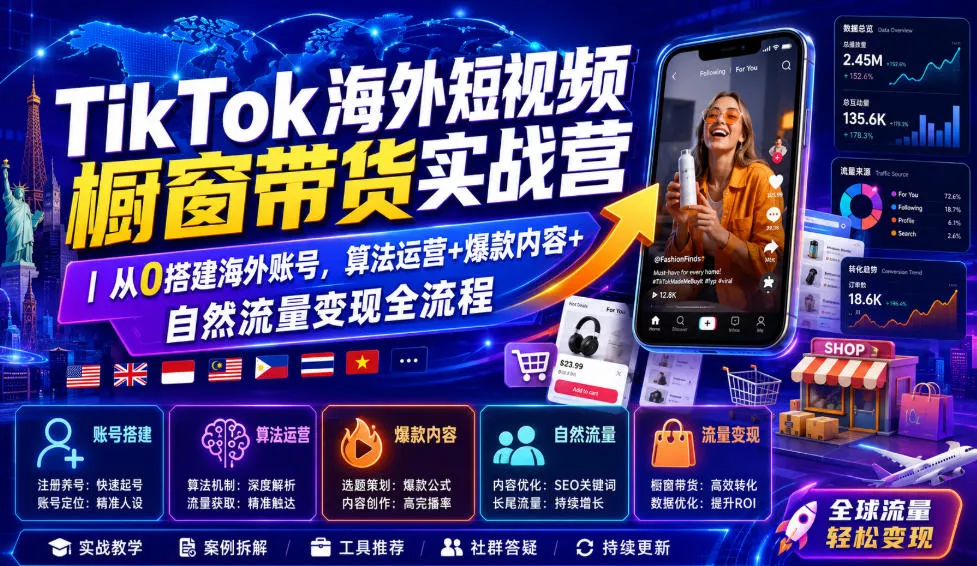 TikTok海外短视频橱窗带货实战营｜从0搭建海外账号，算法运营+爆款内容+自然流量变现全流程-奇点库
