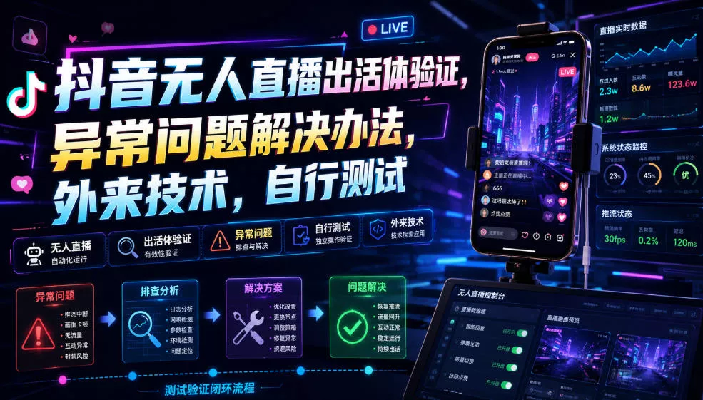 抖音无人直播出活体验证，异常问题解决办法，外来技术，自行测试-奇点库