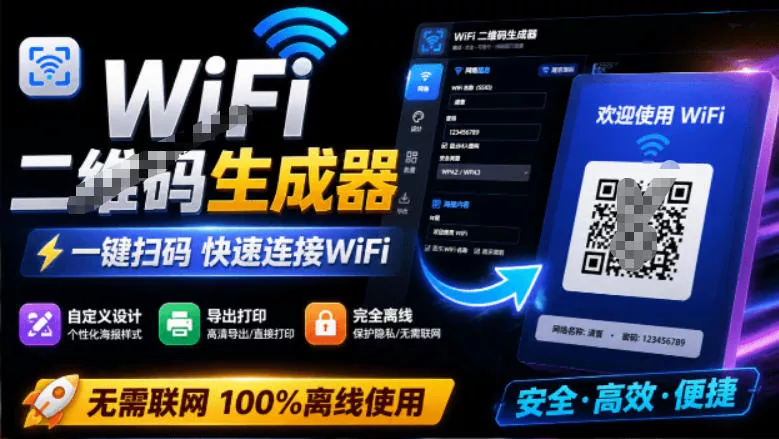 完全离线使用！WiFi二维码生成器，一键扫码快速连接WiFi，支持自定义风格导出WiFi二维码生成器-奇点库