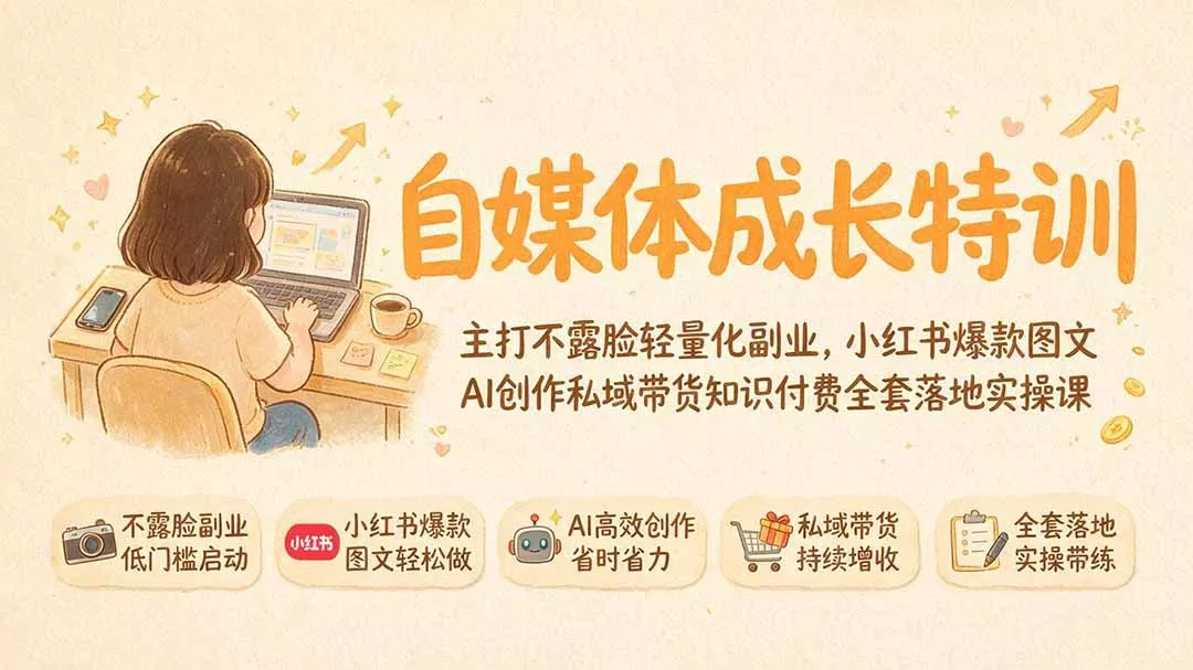 自媒体成长特训｜主打不露脸轻量化副业，小红书爆款图文AI创作私域带货知识付费全套落地实操课-奇点库