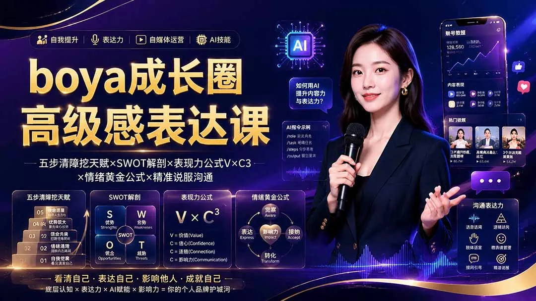 boya成长圈｜内心成长高级表达AI自媒体三合一，消解内耗挖掘天赋，镜头沟通AI指令短视频全流程教学-奇点库